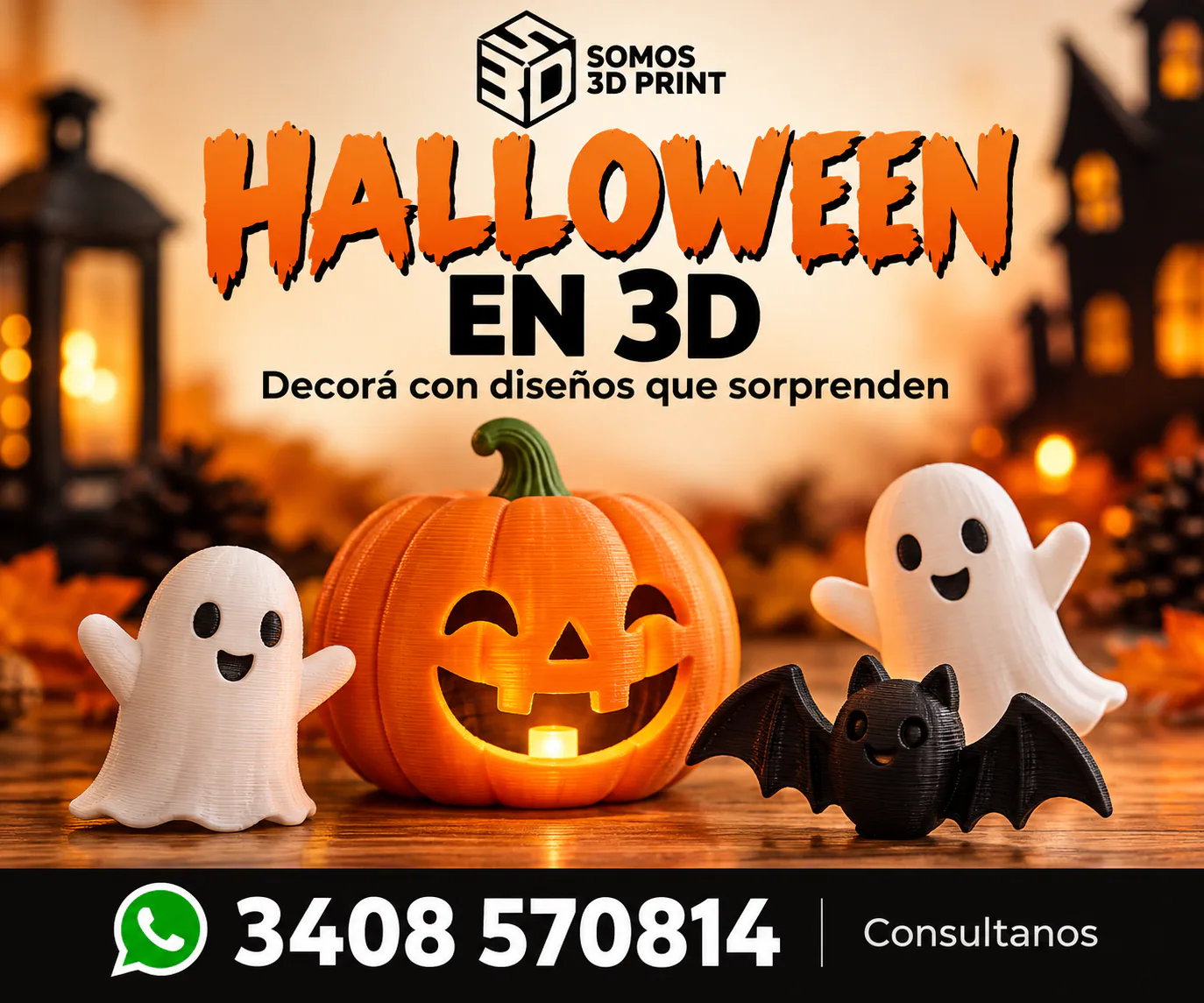Halloween en 3D con calabaza y fantasmas
