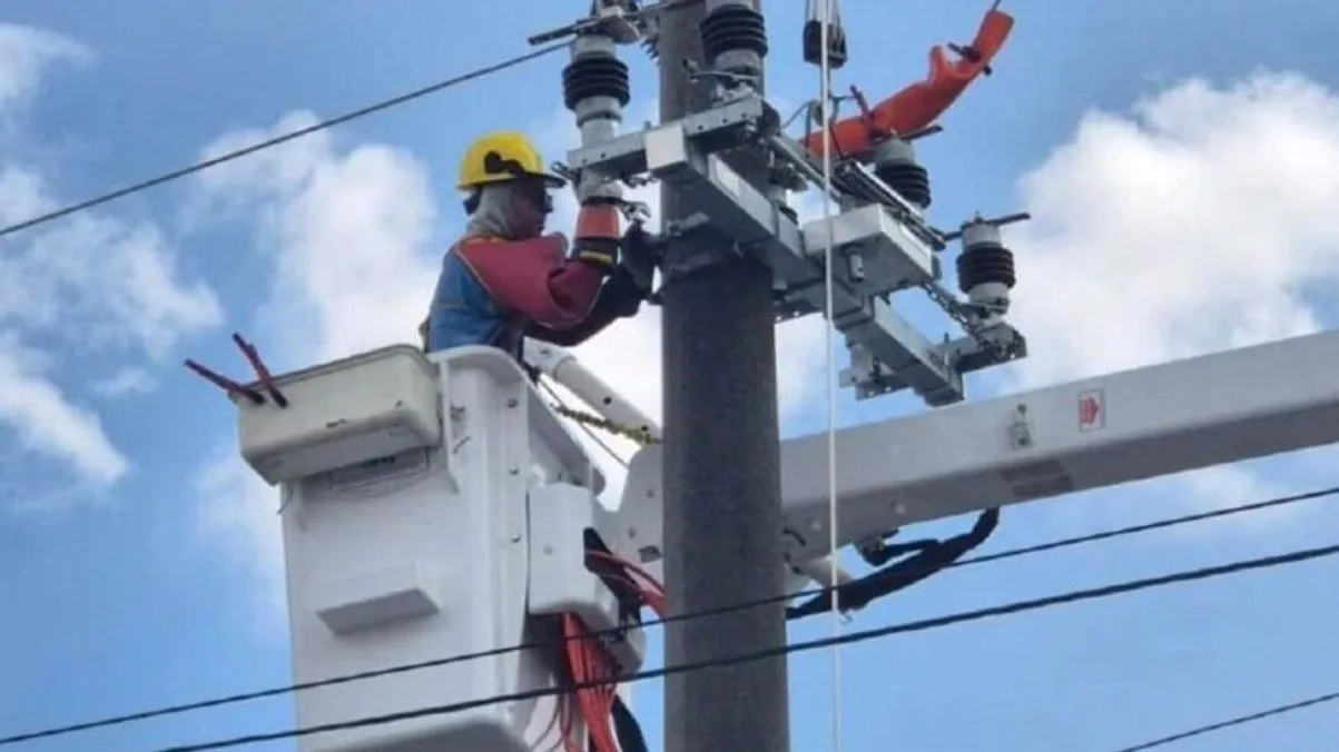 Trabajadores de la EPE realizando mantenimiento en línea de media tensión en San Cristóbal.