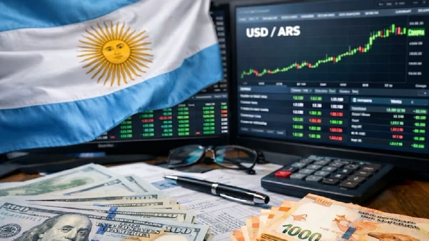 Bandera argentina y pantallas con la cotización del dólar, en una jornada en la que el riesgo país llegó a 790 puntos