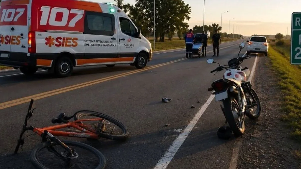Accidente de tránsito en Ruta Nacional 34 entre un ciclista y una motocicleta en Lehmann.