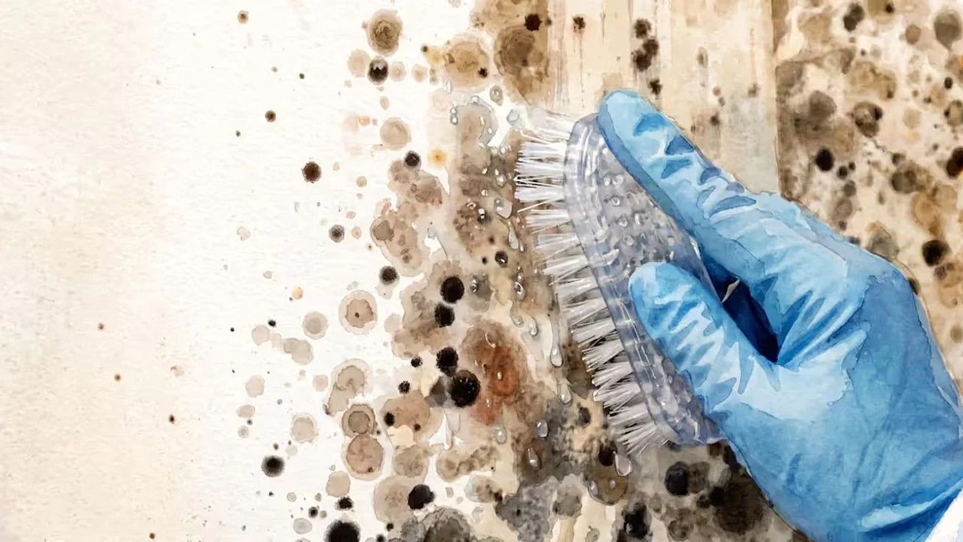 Manos con guantes limpiando moho en una pared blanca.