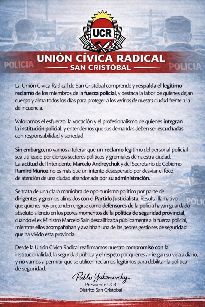 acusa al PJ de usar políticamente el reclamo policial en San Cristóbal